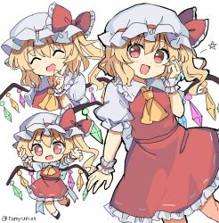 Rule 34 | 1girl, ascot, blonde hair, bow, chibi, closed mouth, flandre scarlet, frilled bow, frills, hand up, happy, hat, hat bow, highres, mob cap, multiple views, open mouth, puffy short sleeves, puffy sleeves, ramudia (lamyun), red bow, red eyes, red skirt, red vest, shirt, short sleeves, side ponytail, simple background, skirt, smile, touhou, vest, white background, white headwear, white shirt, wings, yellow ascot