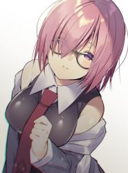 Rule 34 | 1girl, bare shoulders, black-framed eyewear, black dress, blurry, blush, breasts, commentary request, depth of field, dress, eyes visible through hair, fate/grand order, fate (series), from above, glasses, gradient background, grey background, grey jacket, hair over one eye, highres, jacket, light smile, lips, long sleeves, looking at viewer, looking up, mash kyrielight, medium breasts, natasha (pommier), necktie, off shoulder, open clothes, open jacket, pink hair, purple hair, red necktie, short hair, sleeveless, sleeveless dress, solo, upper body