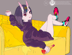 Rule 34 | 1girl, :d, absurdres, alcohol, alternate costume, cogecha, couch, crossed legs, cup, drinking glass, english text, engrish text, eyeliner, fang, fate/grand order, fate (series), highres, hood, hoodie, horns, looking at viewer, lying, makeup, on back, oni, open mouth, purple hair, ranguage, red eyes, shoes, short hair, shuten douji (fate), skin-covered horns, smile, sneakers, solo, whiskey