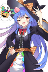 Rule 34 | 1girl, ;d, black dress, black hat, blue hair, blush, candy, commentary, dress, e.o., food, fruit, fruit hair ornament, halloween, hat, highres, hinanawi tenshi, jack-o&#039;-lantern, long hair, long sleeves, looking at viewer, official alternate costume, one eye closed, open mouth, orange eyes, peach, simple background, smile, solo, touhou, white background, witch hat