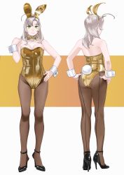 Rule 34 | 1girl, absurdres, alternate costume, animal ears, antenna hair, ass, black footwear, bow, bowtie, breasts, brown pantyhose, cleavage, closed mouth, detached collar, fake animal ears, fake tail, gold bowtie, gold leotard, green eyes, grey hair, hand on own hip, hands on own hips, high heels, highres, kantai collection, kinugasa (kancolle), kinugasa kai ni (kancolle), large breasts, leotard, medium hair, multiple views, ojipon, pantyhose, playboy bunny, simple background, tail, wrist cuffs