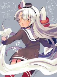 Rule 34 | 1girl, amatsukaze (kancolle), bad id, bad twitter id, black panties, brown dress, cloth, commentary request, cowboy shot, dress, from behind, fujiyama ichiha, garter straps, grey background, hair tubes, highres, kantai collection, lifebuoy, long hair, looking at viewer, looking back, panties, sailor dress, short dress, silver hair, simple background, solo, swim ring, thighhighs, translation request, two side up, underwear