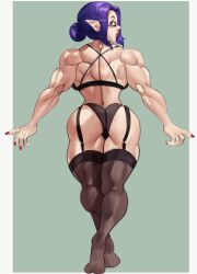 1girl ass back border cherise_(xlauncher) dlusional green_eyes hair_bun highres huge_ass lingerie looking_at_viewer looking_back muscular muscular_female original pointy_ears purple_hair red_nails solo thighhighs underwear white_border