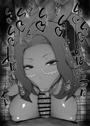 Rule 34 | 1boy, 1girl, :&gt;=, bar censor, blush, breast press, breasts, censored, completely nude, cowlick, creatures (company), dark-skinned female, dark skin, dot nose, erection, eyelashes, fellatio, floor, from above, game freak, glasses, greyscale, heart, hetero, high ponytail, kneeling, kurotama, large breasts, large penis, licking, licking penis, lips, long hair, looking at another, looking at viewer, looking up, moaning, monochrome, motion lines, nintendo, nude, oral, penis, pokemon, pokemon sv, ponytail, pov, raifort (pokemon), saliva, shiny skin, short hair, sitting, solo focus, sound effects, sweat, swept bangs, thick lips, tongue, tongue out, veins, veiny penis, very long hair, wall, wing collar