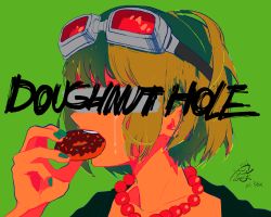 Rule 34 | 1girl, aqua nails, bead necklace, beads, collarbone, commentary request, covered eyes, crying, dated, donut hole (vocaloid), doughnut, eating, english text, eyebrows, food, food in mouth, goggles, goggles on head, green background, green hair, green shirt, gumi, hand up, highres, holding, holding food, jewelry, mago oowarawa, nail polish, necklace, portrait, shirt, short hair, signature, simple background, solo, teeth, upper teeth only, vocaloid