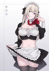 Rule 34 | 1girl, apron, black bow, black skirt, black thighhighs, blue eyes, bow, breasts, cleavage, closed mouth, clothes lift, cowboy shot, detached collar, gradient background, hair between eyes, hair bow, highres, lifting own clothes, long hair, long sleeves, looking at viewer, maid, maid headdress, medium breasts, midriff, miniskirt, navel, necktie, original, red necktie, shrug (clothing), silver hair, skirt, skirt lift, smile, solo, standing, stomach, takeko spla, thigh gap, thighhighs, very long hair, waist apron, white apron, white background