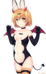 Rule 34 | 10s, 1girl, alternate costume, animal ears, black gloves, breasts, choker, claw pose, cleavage, collarbone, commentary request, demon girl, elbow gloves, gloves, halloween, highres, kemono friends, light brown hair, looking at viewer, navel, rumaki, serval (kemono friends), serval print, short hair, smile, solo, striped clothes, striped thighhighs, thighhighs, yellow eyes