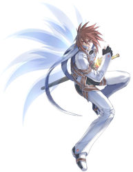 Rule 34 | 00s, 1boy, artist request, bodysuit, brown hair, cape, fingerless gloves, full body, gloves, kratos aurion, looking back, male focus, red eyes, shoes, short hair, simple background, solo, spiked hair, spoilers, sword, tales of (series), tales of symphonia, weapon, wings