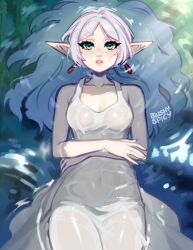 Rule 34 | 1girl, blushyspicy, breasts, cleavage, covered erect nipples, covered navel, crossed arms, dress, earrings, elf, frieren, green eyes, grey hair, hair down, highres, jewelry, light rays, long hair, medium breasts, pale skin, parted lips, partially submerged, pointy ears, see-through, see-through dress, solo, sousou no frieren, sunlight, water, wet, wet clothes, wet hair, white dress