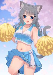 Rule 34 | 1girl, absurdres, animal ear fluff, animal ears, bare shoulders, blue eyes, blue hair, blue skirt, blue sky, breasts, cat ears, cat girl, cat tail, cheerleader, cleavage, commentary request, day, ear piercing, feet out of frame, grey hair, hair ornament, hairclip, highres, hinata (user rjkt4745), holding, long hair, looking at viewer, medium breasts, multicolored hair, original, piercing, pleated skirt, pom pom (cheerleading), skirt, sky, solo, standing, standing on one leg, tail, two-tone hair