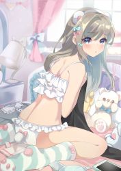 Rule 34 | 1girl, :o, animal ears, ass, back, bear ears, bear tail, bed, bedroom, blue eyes, blurry, blurry background, blush, bow, bow bra, bra, brown hair, curtains, depth of field, fake animal ears, fake tail, frilled bra, frilled panties, frills, highres, indoors, lamp, long hair, on bed, onbin ha, original, panties, parted lips, paw print, print socks, sitting, socks, solo, striped clothes, striped socks, stuffed animal, stuffed toy, tail, teddy bear, underwear, underwear only, wariza, window
