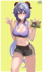 Rule 34 | 2girls, absurdres, ahoge, black shorts, blue hair, blush, breasts, bubble99, cleavage, closed mouth, cowboy shot, ganyu (genshin impact), genshin impact, green background, hat, highres, looking at viewer, lying, multiple girls, navel, on back, red eyes, shirt, short shorts, short sleeves, shorts, simple background, snack, sports bra, top hat