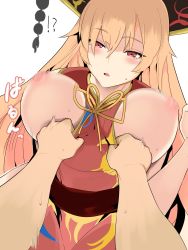 Rule 34 | !?, 1girl, 1other, absurdres, assisted exposure, banned artist, blonde hair, blush, bouncing breasts, breasts, brown sash, chinese clothes, cleavage, clothes pull, commentary request, eyelashes, fox print, hair between eyes, hekiga (freelot), highres, junko (touhou), large breasts, motion lines, nipples, obi, open mouth, phoenix crown, pom pom (clothes), pov, puffy nipples, red eyes, ribbon, sash, simple background, standing, sweatdrop, tabard, tassel, touhou, upper body, white background, yellow neckwear, yellow ribbon