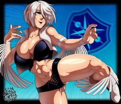 Rule 34 | 1girl, abs, absurdres, angel (kof), biceps, boots, breasts, cosplay, cowboy boots, dead or alive, hair over one eye, highres, large breasts, muscular, muscular female, navel, obliques, pltnm ghost, snk, the king of fighters, thick thighs, thighs, tina armstrong, tina armstrong (cosplay), toned, wrestling, wrestling boots, wrestling outfit