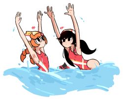 Rule 34 | 1boy, 2020 summer olympics, 2girls, alternate costume, alternate hairstyle, arms up, ashley (warioware), black hair, braid, covered navel, drawfag, glasses, liveactors, multiple girls, nintendo, one-piece swimsuit, orange hair, partially submerged, penny crygor, red (warioware), swimming, swimsuit, twin braids, twintails, warioware, water, water polo