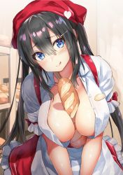 Rule 34 | 1girl, :q, apron, b-ginga, baguette, bakery, between breasts, black hair, blue eyes, blush, bread, breasts, food, hair between eyes, hair ornament, hairclip, head tilt, highres, indoors, large breasts, leaning forward, long hair, looking at viewer, open clothes, open shirt, original, shirt, shop, short sleeves, sidelocks, skirt, smile, solo, tongue, tongue out, twintails, white shirt