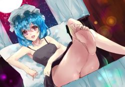 Rule 34 | 1girl, ass, bad id, bad pixiv id, bare arms, bare legs, bare shoulders, barefoot, black dress, blue hair, collarbone, curtains, dress, dutch angle, full moon, hat, indoors, crossed legs, light particles, looking at viewer, mob cap, moon, moruchi (rinaka moruchi), no panties, open mouth, pillow, pink eyes, remilia scarlet, short hair, sitting, sketch, sleeveless, sleeveless dress, smile, solo, touhou, upskirt, window