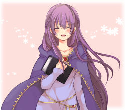 Rule 34 | 1girl, belly chain, blue dress, blush, book, cloak, closed eyes, dress, fire emblem, fire emblem: the binding blade, holding, holding book, jewelry, long hair, nintendo, open mouth, purple background, purple hair, sekitou, simple background, smile, solo, sophia (fire emblem), very long hair