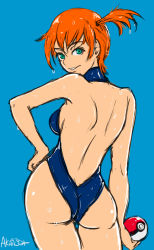 Rule 34 | 1girl, akairiot, ass, back, backless outfit, blue background, creatures (company), game freak, green eyes, gym leader, hand on own hip, looking back, misty (pokemon), nintendo, orange hair, poke ball, pokemon, pokemon: the electric tale of pikachu, side ponytail, smile, solo, swimsuit, thigh gap, wet