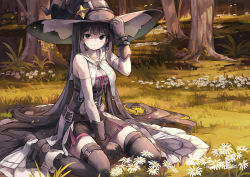 Rule 34 | 1girl, arm up, bare shoulders, between legs, black eyes, black gloves, black hair, black hat, black shirt, black skirt, black thighhighs, blush, breasts, cleavage, closed mouth, collarbone, day, detached sleeves, frills, gloves, grass, hand between legs, hand on headwear, hat, huanxiang huifeng, large breasts, long hair, long sleeves, looking at viewer, on grass, original, outdoors, pleated skirt, revision, shirt, sidelocks, sitting, skirt, smile, solo, star (symbol), strapless, thighhighs, tree, very long hair, wariza, white gloves, witch hat