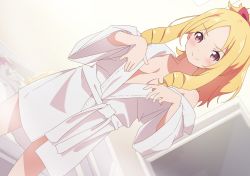 Rule 34 | 1girl, bathrobe, bathroom, bathtub, blonde hair, blush, bow, breasts, breasts apart, closed mouth, commentary, dutch angle, eromanga sensei, forehead, hair bow, highres, indoors, looking at viewer, off shoulder, open clothes, open robe, open window, parted bangs, purple eyes, red bow, ringlets, robe, small breasts, smile, solo, suwakana, window, yamada elf