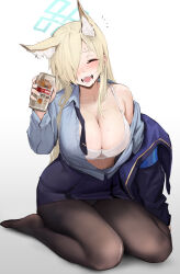 Rule 34 | 1girl, animal ears, black pantyhose, blonde hair, blue archive, blue shirt, blue skirt, blush, bra, breasts, can, check copyright, chela77, cleavage, closed eyes, commentary, copyright request, drunk, gradient background, halo, highres, holding, holding can, kanna (blue archive), kneeling, large breasts, legs, no shoes, off shoulder, open clothes, open mouth, open shirt, pantyhose, pencil skirt, shirt, simple background, single bare shoulder, sitting, skirt, smile, symbol-only commentary, thighs, underwear, wariza, white background, white bra