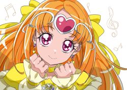 Rule 34 | 1girl, absurdres, choker, clenched hands, cure muse, cure muse (yellow), earrings, heart, heart earrings, highres, jewelry, long hair, long sleeves, looking at viewer, magical girl, orange hair, parted bangs, pink eyes, precure, shirabe ako, smile, solo, suite precure, tsukikage oyama, yellow choker