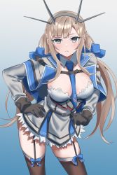 Rule 34 | 1girl, asymmetrical bangs, between breasts, black gloves, black thighhighs, blonde hair, blue dress, blue necktie, braid, breasts, capelet, dress, garter straps, gloves, grey capelet, grey dress, headgear, highres, kantai collection, large breasts, long hair, long sleeves, looking at viewer, maryland (kancolle), military, military uniform, necktie, necktie between breasts, shingyou (alexander-13), short dress, solo, thighhighs, two-tone dress, uniform