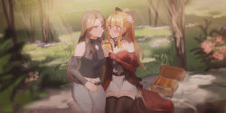 Rule 34 | 2girls, bare shoulders, belt, black belt, black bow, black shirt, black sleeves, blanket, blonde hair, blurry, blurry foreground, blush, bow, brown hair, brown legwear, chihuri, closed mouth, commentary request, day, depth of field, detached sleeves, dress, earrings, flower, food, granblue fantasy, grey pants, hair between eyes, hair bow, hand on another&#039;s head, high ponytail, highres, holding, holding food, jewelry, juliet sleeves, katalina (granblue fantasy), light brown hair, long hair, long sleeves, multiple girls, nose blush, outdoors, pants, parted bangs, parted lips, pink flower, pink rose, ponytail, puffy sleeves, purple flower, red eyes, red sleeves, rose, sandwich, shirt, sitting, sleeveless, sleeveless shirt, sleeves past wrists, smile, thighhighs, very long hair, vira (granblue fantasy), white dress, yuri