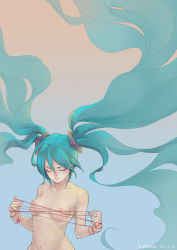 Rule 34 | 1girl, aqua hair, artist name, breasts, cat&#039;s cradle, dated, closed eyes, hatsune miku, highres, huhuen, lips, long hair, navel, nipples, nude, solo, string, string of fate, twintails, very long hair, vocaloid