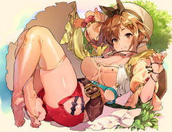 Rule 34 | 1girl, arm behind head, atelier (series), atelier ryza, atelier ryza 1, belt, breasts, bridal legwear, brown eyes, brown hair, cleavage, hair ornament, hairclip, hat, highres, jewelry, large breasts, looking at viewer, naso4, necklace, red shorts, reisalin stout, short hair, short shorts, shorts, skindentation, smile, solo, star (symbol), star necklace, thick thighs, thighhighs, thighs, toeless legwear, toes, white hat