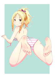 Rule 34 | 10s, 1girl, ass, barefoot, bikini, blonde hair, bow, breasts, brown eyes, closed mouth, drill hair, eromanga sensei, feet, female focus, foot focus, from behind, full body, hair bow, highres, leafar, looking at viewer, looking back, lying, medium breasts, on stomach, open clothes, outside border, pointy ears, ponytail, sideboob, smile, soles, solo, striped bikini, striped clothes, swimsuit, toes, untied bikini, yamada elf