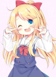 Rule 34 | 1girl, ;d, blonde hair, blue dress, blue eyes, blue hair, blush, bow, commentary request, dress, esureki, gradient hair, hair bow, hands up, head tilt, high ponytail, himesaka noa, long hair, long sleeves, multicolored hair, one eye closed, open mouth, pink background, pointing, pointing at self, ponytail, red bow, sailor collar, sailor dress, school uniform, shirt, smile, solo, very long hair, watashi ni tenshi ga maiorita!, white sailor collar, white shirt