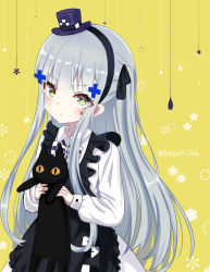 Rule 34 | 1girl, animal, apron, black apron, black cat, black hairband, blouse, blush, bow, cat, checkered bow, checkered clothes, collared shirt, commentary request, facial mark, frilled apron, frills, girls&#039; frontline, hair ornament, hairband, hat, hk416 (black kitty&#039;s gift) (girls&#039; frontline), hk416 (girls&#039; frontline), holding, holding animal, holding cat, long hair, long sleeves, looking at viewer, mini hat, official alternate costume, purple headwear, satori (ymoy), shirt, silver hair, skirt, solo, tilted headwear, twitter username, very long hair, white shirt, white skirt, yellow background, yellow eyes
