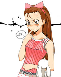Rule 34 | 00s, 1girl, a1 (initial-g), antenna hair, bare shoulders, bow, brown eyes, brown hair, camisole, collarbone, finger to mouth, frown, hair bow, headband, idolmaster, idolmaster (classic), idolmaster 1, index finger raised, long hair, matching hair/eyes, minase iori, pink bow, red eyes, ribbon, simple background, solo, striped, stuffed animal, stuffed rabbit, stuffed toy, sweat, text focus, thinking, upper body, white background