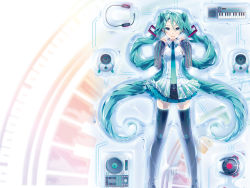 Rule 34 | 1girl, aqua eyes, aqua hair, black thighhighs, boots, detached sleeves, gradient hair, hatsune miku, hatsune miku (vocaloid3), headphones, headphones removed, headset, highres, instrument, ixima, keyboard (instrument), long hair, miniskirt, multicolored hair, necktie, phonograph, skirt, solo, speaker, thigh boots, thighhighs, turntable, twintails, vocaloid, zettai ryouiki