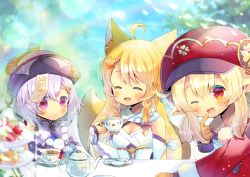 Rule 34 | 3girls, :d, ;d, ^ ^, ahoge, animal ear fluff, animal ears, arm guards, bare shoulders, blonde hair, blue dress, blurry, blurry background, blurry foreground, blush, bow, braid, breasts, brown gloves, cabbit, cleavage, closed eyes, closed mouth, copyright request, cup, day, depth of field, dress, fox ears, fox girl, fox hair ornament, fox tail, genshin impact, gloves, hair between eyes, hair bow, hair ornament, hairclip, hat, holding, holding cup, indie virtual youtuber, klee (genshin impact), kou hiyoyo, long hair, long sleeves, low twintails, medium breasts, multiple girls, one eye closed, open mouth, outdoors, pink bow, pointy ears, purple eyes, purple hair, purple headwear, qingdai guanmao, qiqi (genshin impact), red dress, red eyes, red headwear, saucer, smile, tablecloth, tail, tail raised, tea, teacup, teapot, tiered tray, twin braids, twintails, upper body, virtual youtuber, white dress
