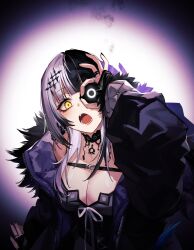 Rule 34 | 1girl, absurdres, adarin, black choker, black coat, black dress, black gloves, black hair, black nails, breasts, choker, cleavage, coat, dress, elbow gloves, fangs, fingerless gloves, fur-trimmed coat, fur trim, gloves, hair ornament, highres, hololive, hololive english, jacket, jewelry, large breasts, looking at viewer, multicolored hair, nail polish, open mouth, ring, shiori novella, shiori novella (1st costume), simple background, solo, split-color hair, striped clothes, striped gloves, virtual youtuber, white hair, yellow eyes, yorick (shiori novella)
