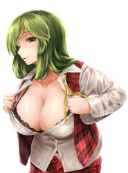 Rule 34 | 1girl, absurdres, ascot, bad id, bad pixiv id, black bra, black panties, bra, breasts, buttons, cleavage, collarbone, collared shirt, cowboy shot, green eyes, green hair, hands up, highres, huge breasts, kamiya ueshi, kazami yuuka, kazami yuuka (pc-98), leaning forward, lips, long hair, long sleeves, looking at viewer, one eye closed, open clothes, open vest, panties, panty peek, parted bangs, parted lips, partially unbuttoned, plaid, plaid skirt, plaid vest, red skirt, red vest, seductive smile, shirt, simple background, skirt, skirt set, smile, solo, touhou, touhou (pc-98), unbuttoned, underwear, undone, undone ascot, undressing, vest, white background, white shirt, wing collar, yellow ascot