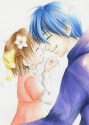 Rule 34 | 00s, age difference, blue hair, bow, brown hair, child, clannad, closed eyes, father and daughter, flower, hair bow, hair flower, hair ornament, mamezaru, okazaki tomoya, okazaki ushio, petals, smile