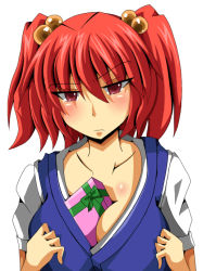 Rule 34 | 1girl, bad anatomy, bad hands, between breasts, blush, breasts, cleavage, female focus, gift, hair bobbles, hair ornament, large breasts, onozuka komachi, poorly drawn, red hair, shin-mottie, solo, touhou, twintails, two side up