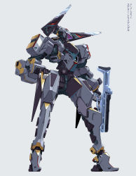 Rule 34 | from side, grey background, gun, hand on own hip, highres, holding, holding gun, holding weapon, ishida baru, looking down, mecha, mechanical ears, no humans, original, robot, solo, weapon