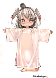 Rule 34 | 10s, 1girl, age regression, aged down, amatsukaze (kancolle), blush, brown eyes, child, convenient censoring, dress, hair over breasts, hair tubes, kantai collection, long hair, naked shirt, nukoosama, outstretched arms, oversized clothes, see-through, see-through silhouette, shirt, silver hair, simple background, solo, spread arms, t-shirt, two side up