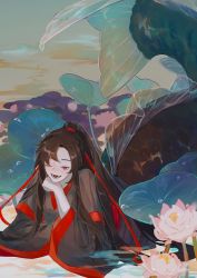 Rule 34 | 1boy, black scales, brown eyes, brown hair, chinese clothes, fins, flower, full body, hair ribbon, head on hand, head rest, high ponytail, highres, lily (flower), long hair, long sleeves, looking at viewer, lotus, lying, male focus, merman, modao zushi, monster boy, monsterification, on stomach, open mouth, outdoors, pink flower, pond, red ribbon, ribbon, scales, sidelocks, solo, water drop, wei wuxian, whale 52hz o, wide sleeves