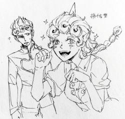 Rule 34 | 1boy, 1girl, ?, alternate hairstyle, blush, boned-woo, braid, braided ponytail, breasts, cleavage cutout, clothing cutout, collared shirt, cosplay, crossover, curly hair, fangs, giorno giovanna, giorno giovanna (cosplay), horn, jojo no kimyou na bouken, komano aunn, long hair, long sleeves, looking at another, looking at viewer, parted lips, paw pose, pectoral cleavage, pectorals, puffy short sleeves, puffy sleeves, shirt, short sleeves, sidelocks, smile, sparkle, sweatdrop, touhou, vento aureo