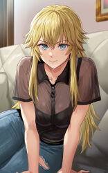Rule 34 | 1girl, arm support, black shirt, blonde hair, blue eyes, blue pants, breasts, brown shirt, closed mouth, collared shirt, commentary, couch, cowboy shot, daraz, denim, expressionless, hair between eyes, highres, indoors, jeans, kyokou suiri, leaning forward, long hair, looking at viewer, medium breasts, otonashi rion, pants, see-through, see-through sleeves, shirt, short sleeves, sidelocks, sitting, solo, torn clothes, torn jeans, torn pants, two-tone shirt, wing collar