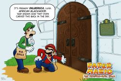 Rule 34 | 2boys, bag, blue overalls, brothers, brown footwear, brown hair, commentary, english commentary, english text, facial hair, flippindingdong, gloves, grass, green headwear, highres, luigi, male focus, mario, mario (series), messenger bag, multiple boys, mustache, nintendo, open mouth, overalls, paper mario, paper mario: the thousand year door, plaque, red headwear, shoulder bag, siblings, signature, standing, white gloves, wooden door