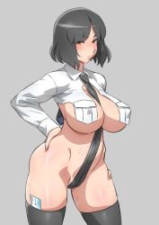 Rule 34 | 1girl, between breasts, black hair, black thighhighs, black tie, bottomless, breast curtains, breasts, cropped shirt, crotch strap, ha ku ronofu jin, huge breasts, id card, large breasts, necktie, necktie between breasts, revealing clothes, shirt, short hair, solo, thighhighs, yellow eyes