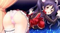 Rule 34 | 1girl, asaka akina, ass, bent over, black hair, blush, breasts, rabbit hair ornament, clothes lift, costume, d:drive, from behind, fusataka shikibu, game cg, hair ornament, hand on wall, hand on window, idol, large breasts, long hair, looking over shoulder, open mouth, panties, pink panties, presenting, raised eyebrows, red eyes, skirt, skirt lift, smile, solo, the convenience idol, tsugou no ii idol, twintails, underwear, uniform, white skirt