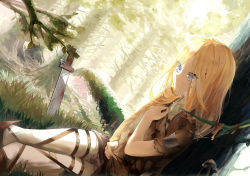 Rule 34 | 1girl, blonde hair, blue eyes, boots, canegouzi, krista lenz, crying, forest, highres, knee boots, long hair, moss, mushroom, nature, pants, shingeki no kyojin, solo, sword, torn clothes, weapon